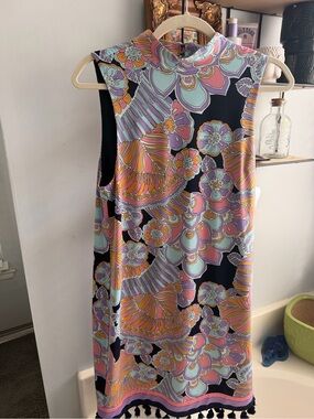 Trina Turk Dress M Palm Springs Mod Psychedelic Floral Resort Tassel Shift